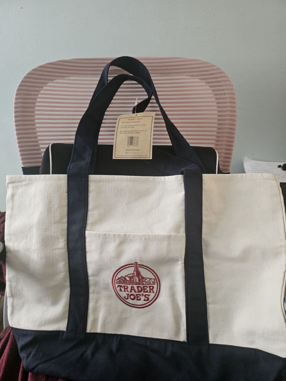 Trader Joe's Large Tote Bag in Cream and Navy ($30 each / 4 for $100)